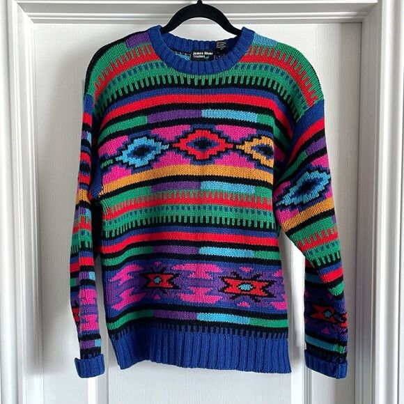 James River Traders Vintage 100% Shetland Wool Sweater Chunky Bold 90s Dad Sz M - Picture 1 of 6